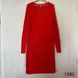 Free People Women's Size L Red V-Neck Long Sleeve Ribbed Sweater Dress Side Slit